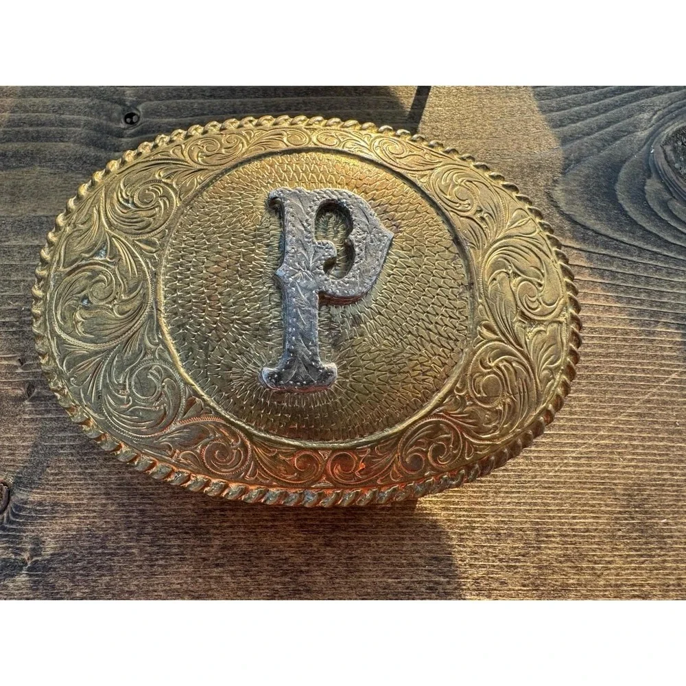 Belt Buckle Western Initial P Monogram El Arturo Brnz Vtg 80s Crumrine Gold